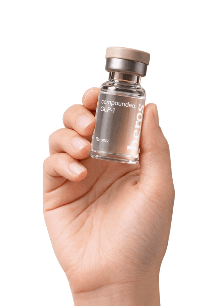 Hand holding a compounded Heros GLP-1 vial — central illustration showing mechanism of action